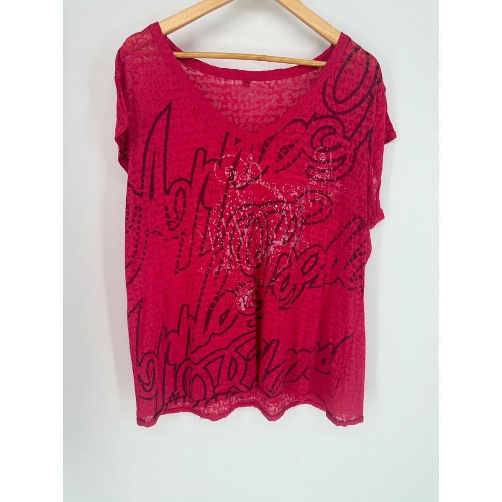 Apple Bottoms Pink Burnout Leopard Graphic V-Neck Tee Y2K